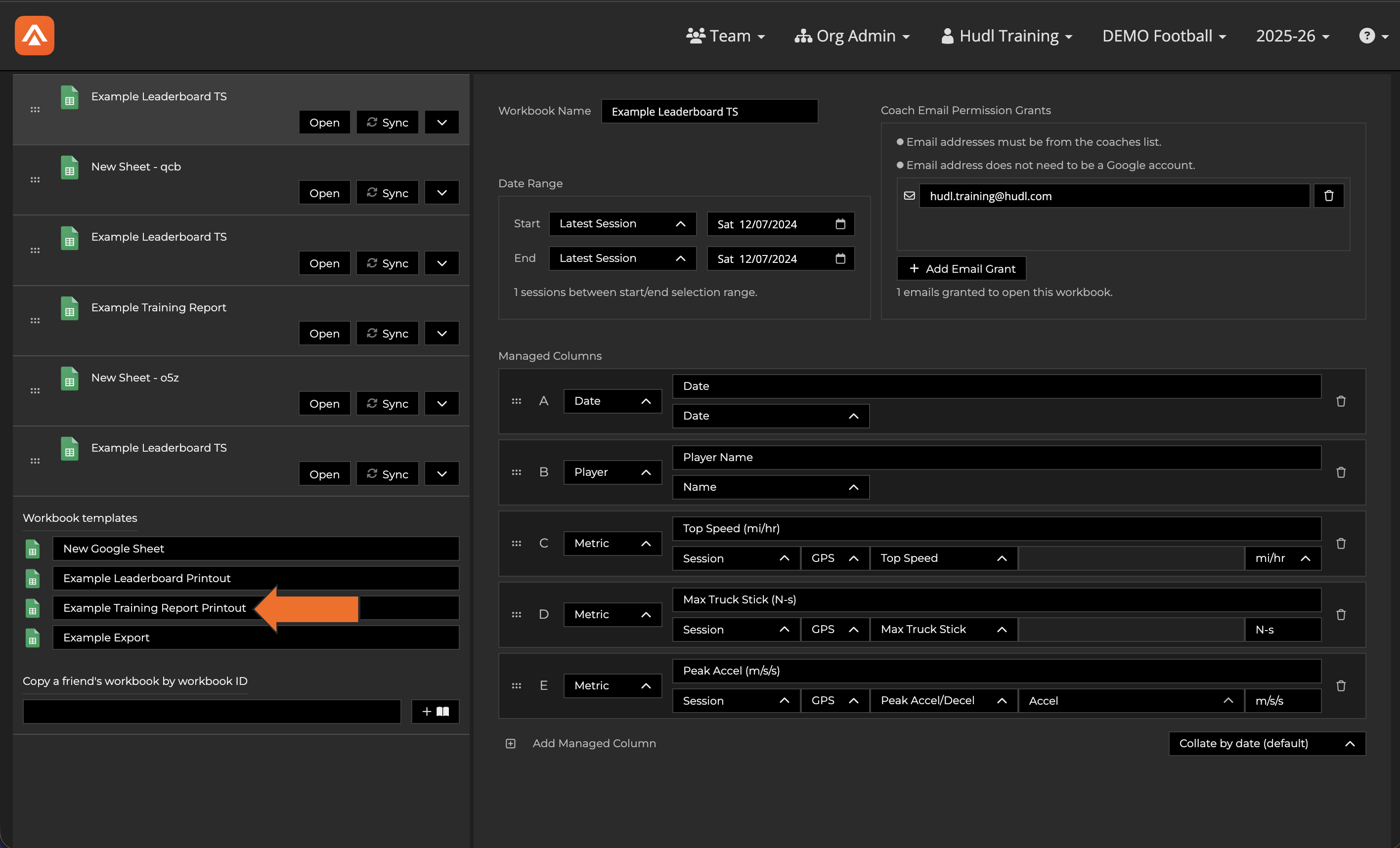 Training report and workbooks: Hudl support.