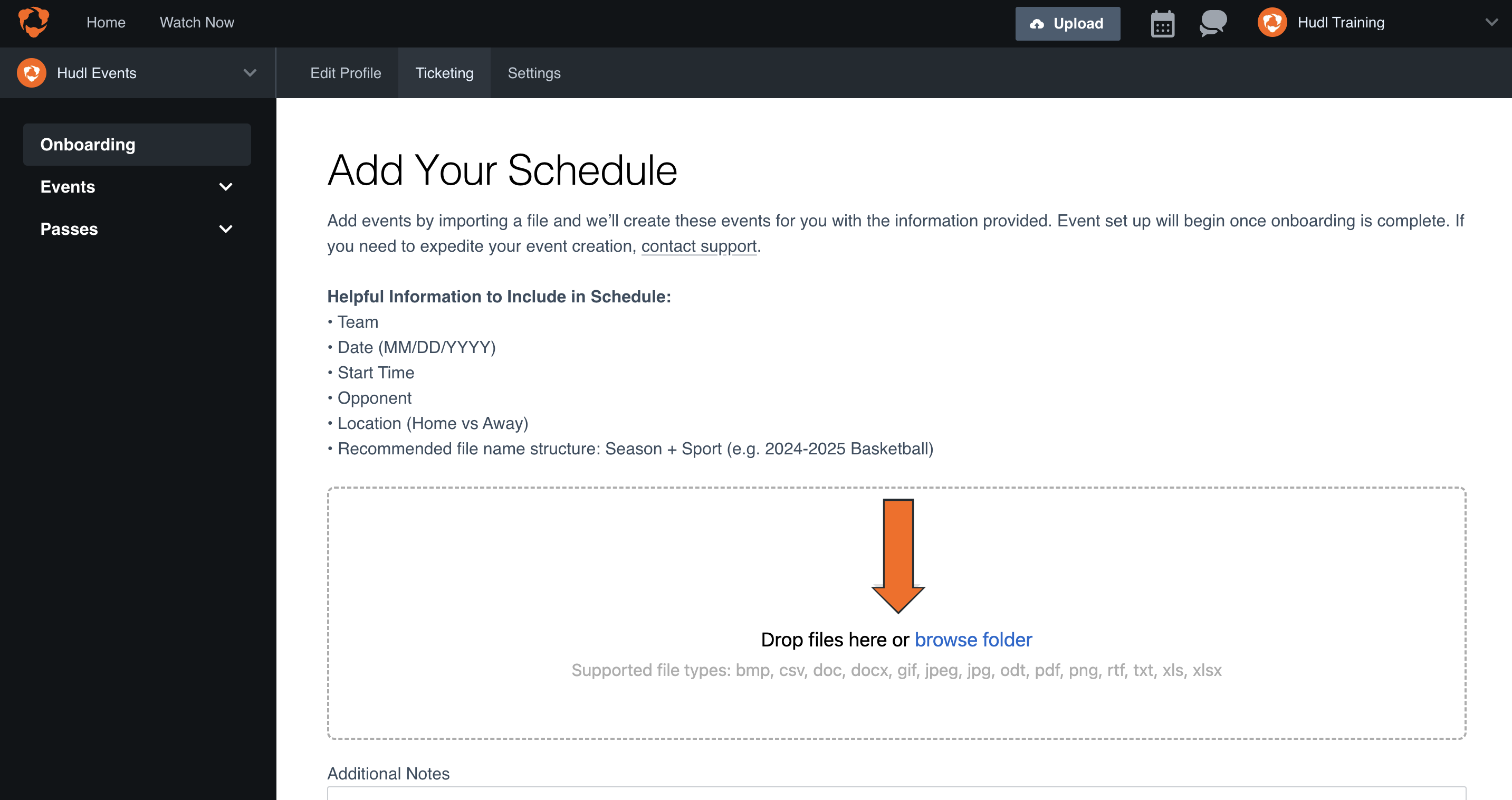Add Schedule(s) during Ticketing Onboarding • Hudl Support