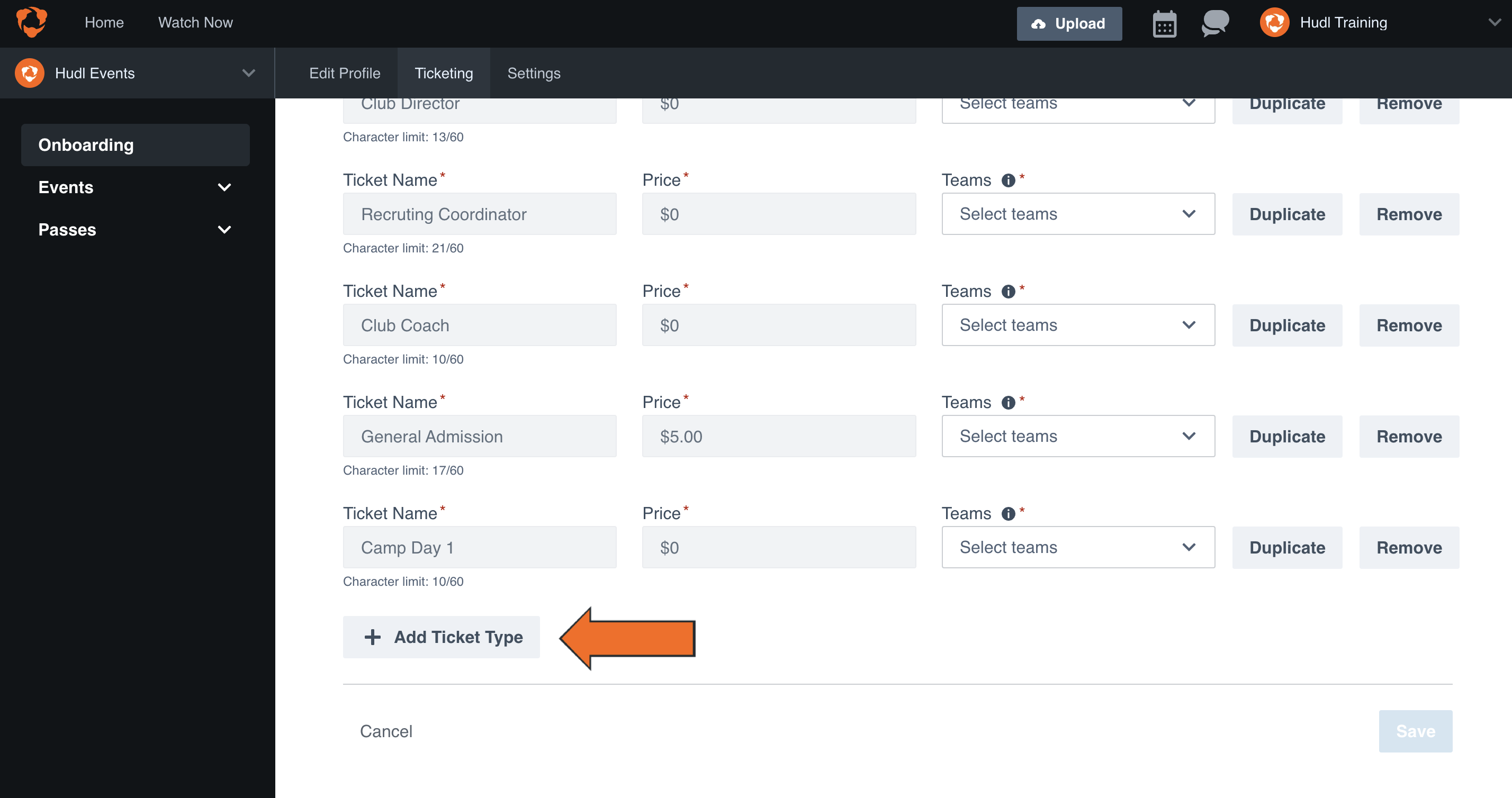 Ajouter des types de billets • Hudl Support