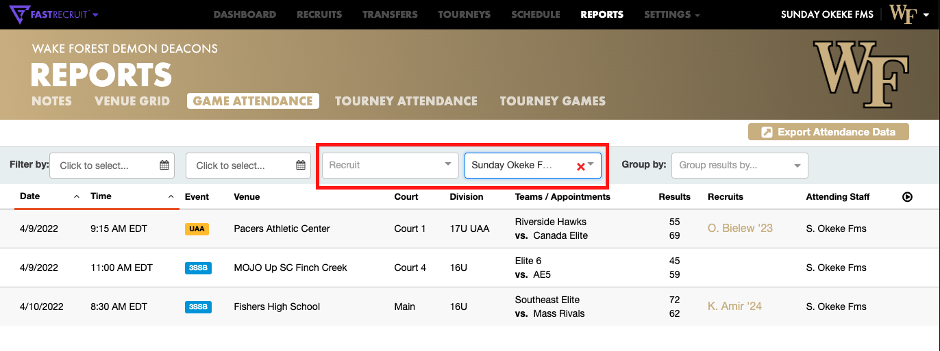 Game Attendance Report • Hudl Support